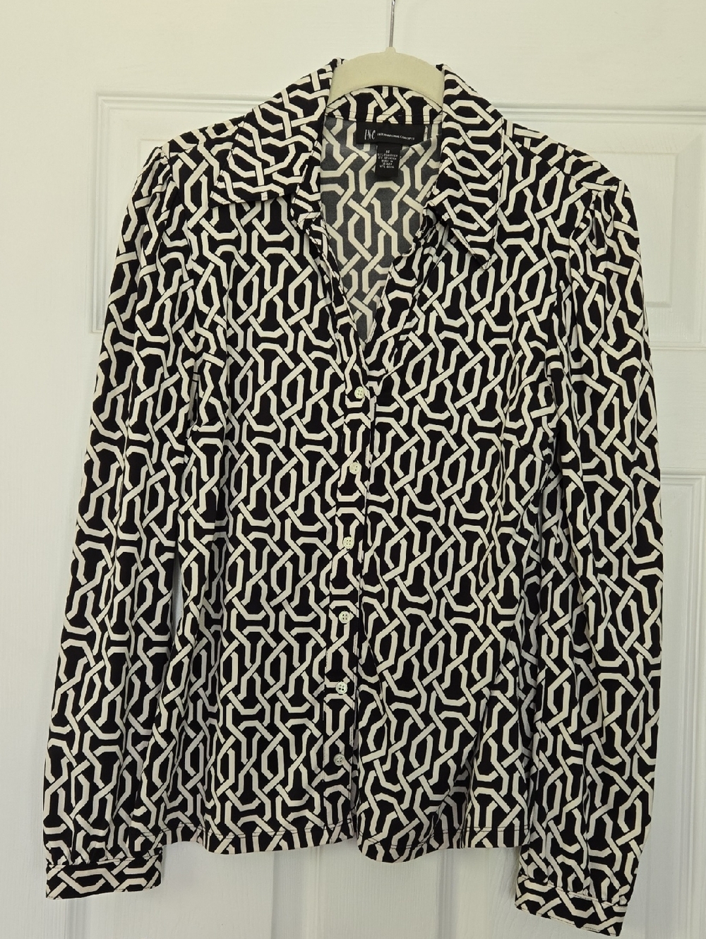 INC International Concepts Black and White Geometric Button-Down Shirt